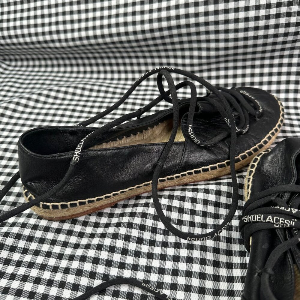 Off-White Black Leather Lace Up Summer Vacation Espadrille Flats Size EU 39 - Picture 7 of 8